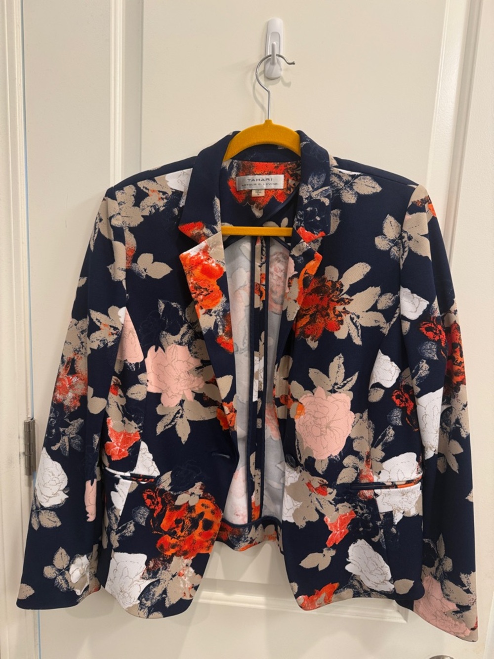 Tahari Navy Floral Blazer with Pink & Red Blooms